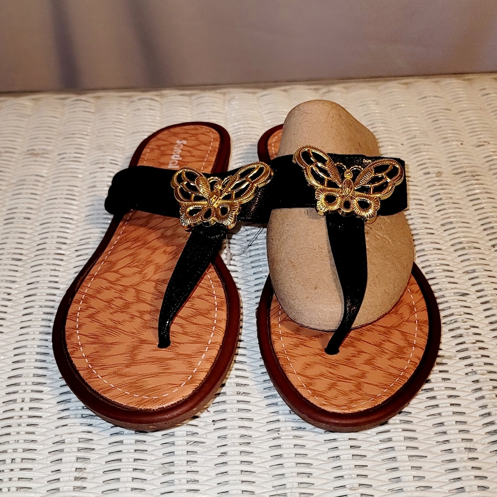 Women's sandals black various sizes butterfly gold design slip on